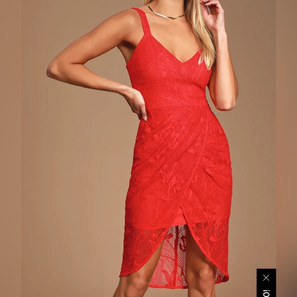 Lulus Meg Red Lace Sleeveless Tulip Hem Dress